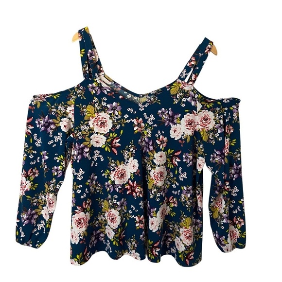 Torrid Strappy Cold Shoulder Top Crepe Floral Blue Puff Sleeve Plus Sz 2X - Picture 2 of 7
